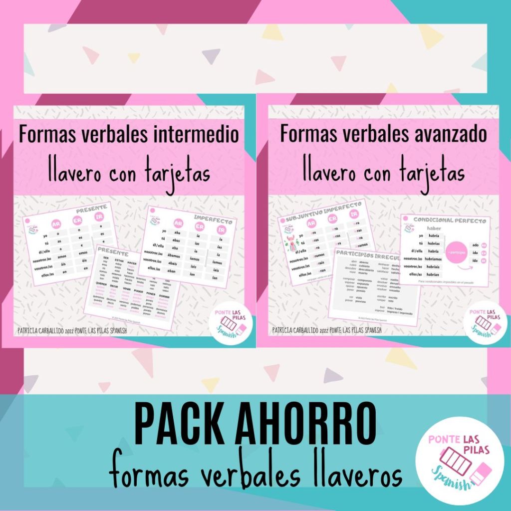 Llaveros de verbos en español pack ahorro, nivel intermedio y avanzado