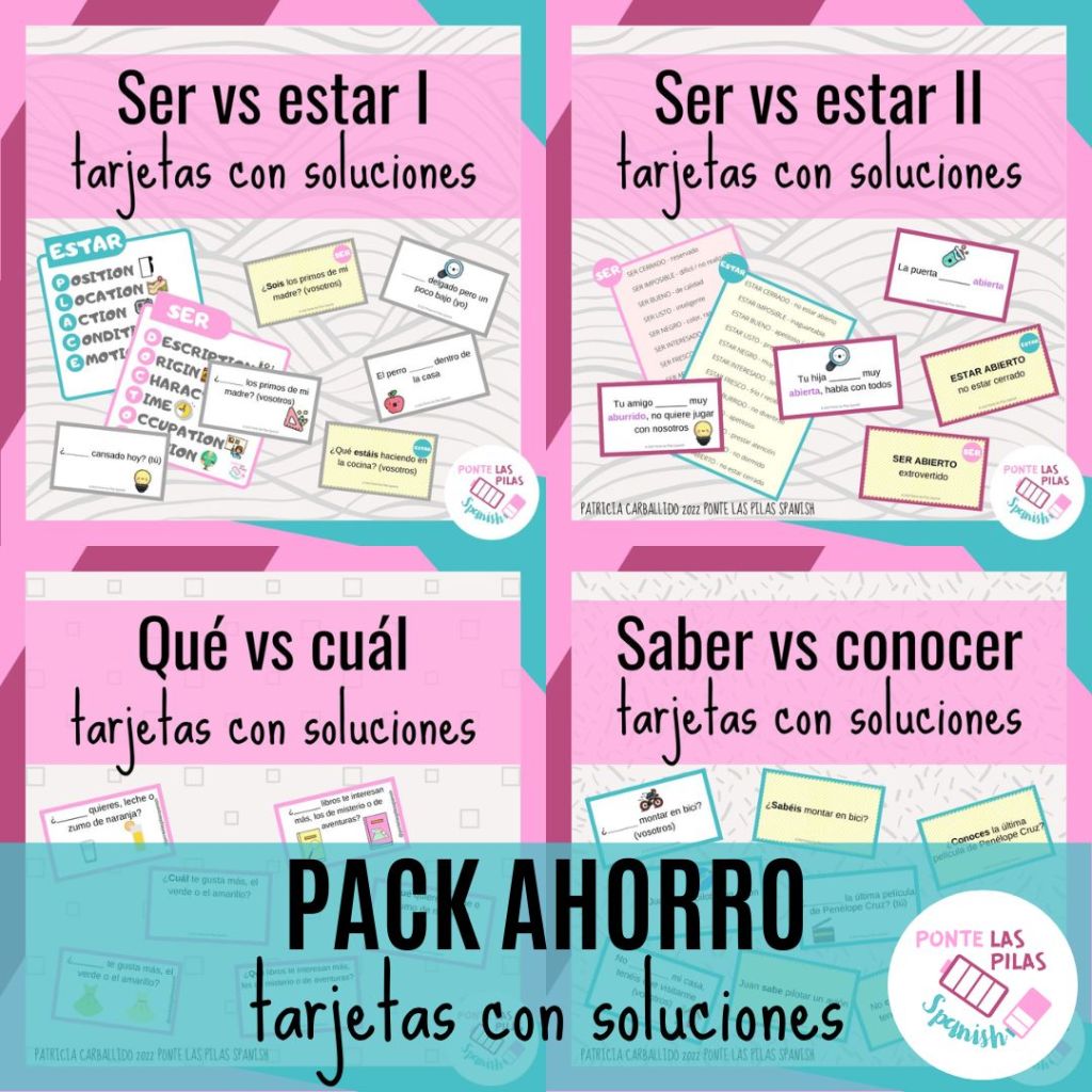 Descarga pack ahorro: tarjetas ser vs estar I y II, tarjetas saber vs conocer y tarjetas que vs cual