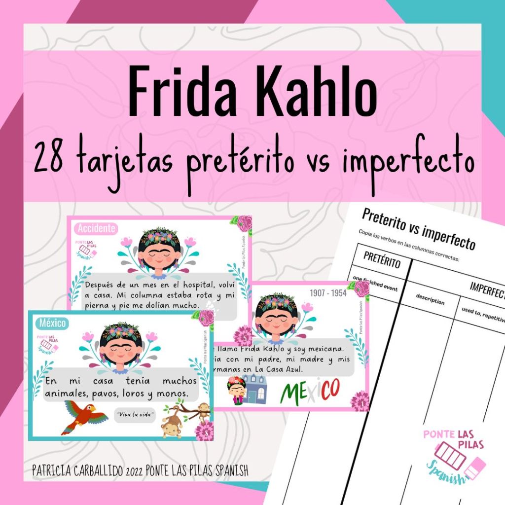 Recurso Frida Kahlo, 28 tarjetas preterito vs imperfecto para estudiantes intermedio