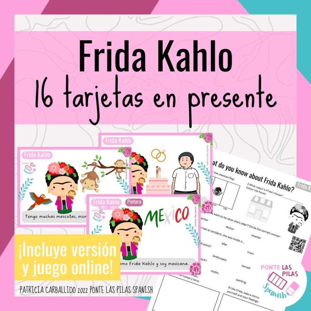 Recurso Frida Kahlo, 16 tarjetas en presente para niños, incluye version online interactiva.