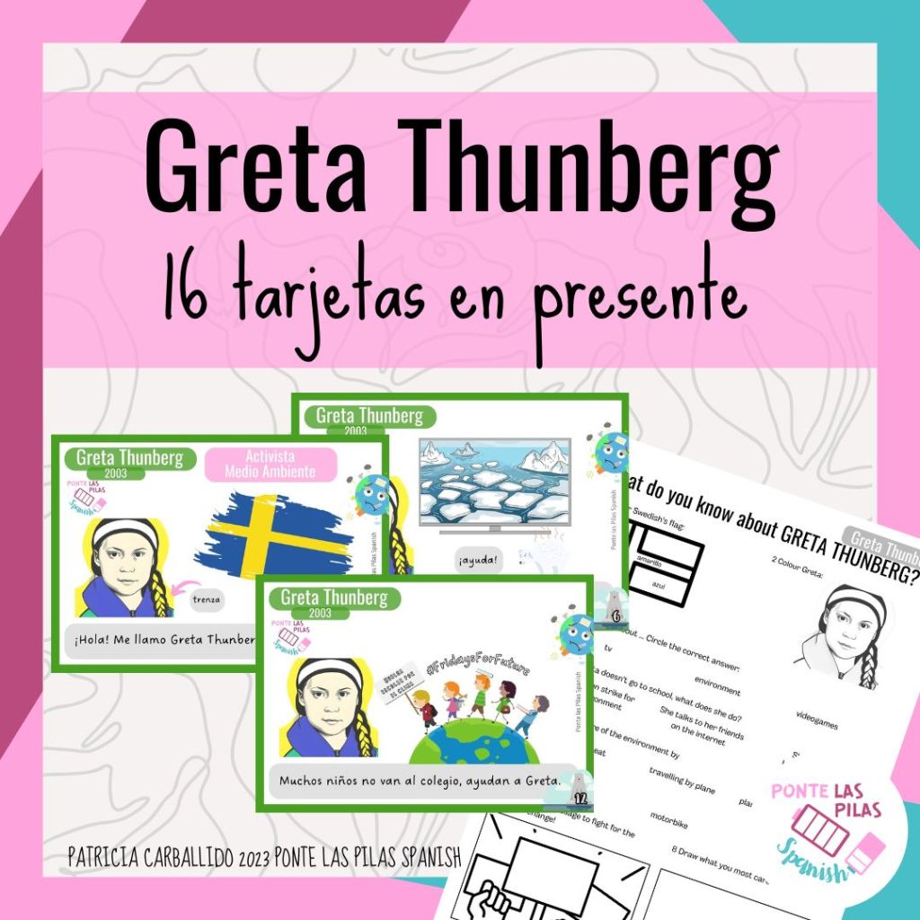 Desarga digital de tarjetas de Greta Thunberg en el presente para clases de español
